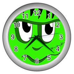 Halloween Frankenstein - Green Wall Clocks (silver)  by Valentinaart