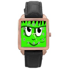 Halloween Frankenstein - Green Rose Gold Leather Watch  by Valentinaart