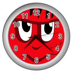 Halloween Frankenstein - Red Wall Clocks (silver)  by Valentinaart