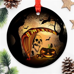 Halloween, Funny Pumpkin With Skull And Spider In The Night Ornament (round)  by FantasyWorld7