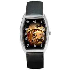 Halloween, Funny Pumpkin With Skull And Spider In The Night Barrel Style Metal Watch by FantasyWorld7