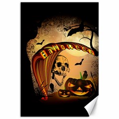 Halloween, Funny Pumpkin With Skull And Spider In The Night Canvas 12  X 18   by FantasyWorld7