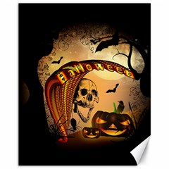 Halloween, Funny Pumpkin With Skull And Spider In The Night Canvas 11  X 14   by FantasyWorld7