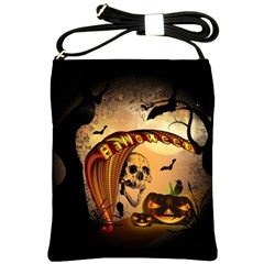 Halloween, Funny Pumpkin With Skull And Spider In The Night Shoulder Sling Bags by FantasyWorld7