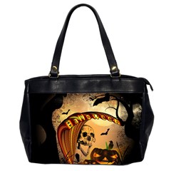 Halloween, Funny Pumpkin With Skull And Spider In The Night Office Handbags (2 Sides)  by FantasyWorld7