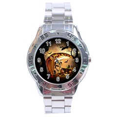 Halloween, Funny Pumpkin With Skull And Spider In The Night Stainless Steel Analogue Watch by FantasyWorld7