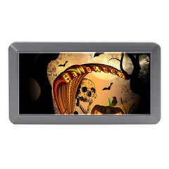 Halloween, Funny Pumpkin With Skull And Spider In The Night Memory Card Reader (mini) by FantasyWorld7