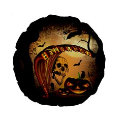 Halloween, Funny Pumpkin With Skull And Spider In The Night Standard 15  Premium Round Cushions by FantasyWorld7