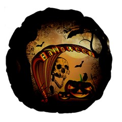 Halloween, Funny Pumpkin With Skull And Spider In The Night Large 18  Premium Round Cushions by FantasyWorld7