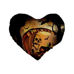 Halloween, Funny Pumpkin With Skull And Spider In The Night Standard 16  Premium Heart Shape Cushions by FantasyWorld7