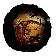 Halloween, Funny Pumpkin With Skull And Spider In The Night Large 18  Premium Flano Round Cushions by FantasyWorld7