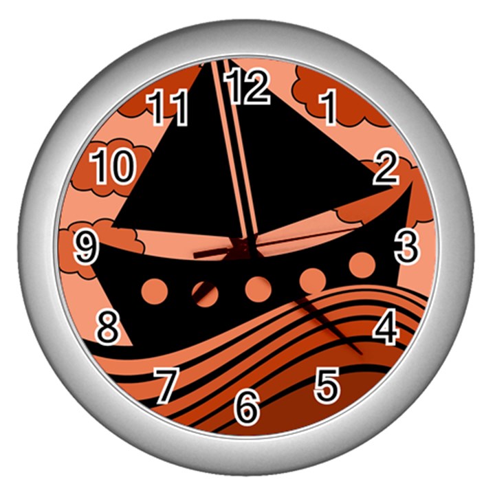 Boat - red Wall Clocks (Silver) 