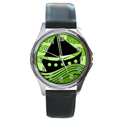 Boat - Green Round Metal Watch by Valentinaart