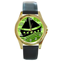 Boat - Green Round Gold Metal Watch by Valentinaart