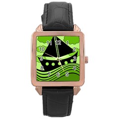 Boat - Green Rose Gold Leather Watch  by Valentinaart