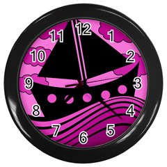 Boat - Magenta Wall Clocks (black) by Valentinaart