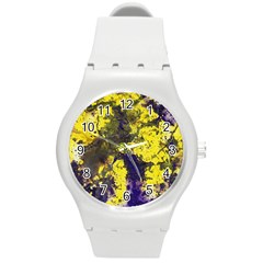 Yellow And Purple Splatter Paint Pattern Round Plastic Sport Watch (m) by traceyleeartdesigns