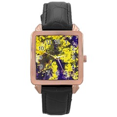 Yellow And Purple Splatter Paint Pattern Rose Gold Leather Watch  by traceyleeartdesigns