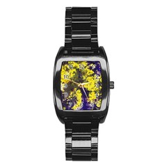 Yellow And Purple Splatter Paint Pattern Stainless Steel Barrel Watch by traceyleeartdesigns