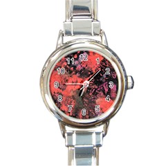 Pink And Black Abstract Splatter Paint Pattern Round Italian Charm Watch by traceyleeartdesigns