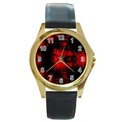 Red And Black Lake Fractal Round Gold Metal Watch by traceyleeartdesigns