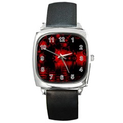 Red And Black Lake Fractal Square Metal Watch by traceyleeartdesigns