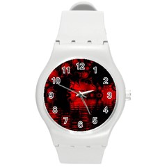 Red And Black Lake Fractal Round Plastic Sport Watch (m) by traceyleeartdesigns