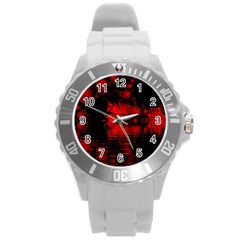 Red And Black Lake Fractal Round Plastic Sport Watch (l) by traceyleeartdesigns