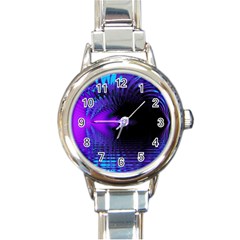 Purple And Blue Lake Fractal Round Italian Charm Watch by traceyleeartdesigns