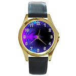 Purple And Blue Lake Fractal Round Gold Metal Watch Front