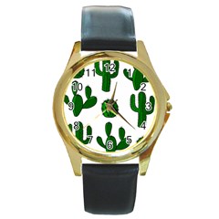 Cactuses Pattern Round Gold Metal Watch by Valentinaart