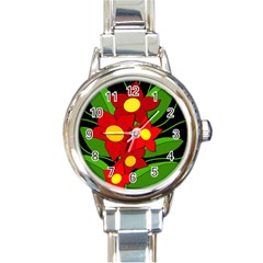 Red Flowers Round Italian Charm Watch by Valentinaart