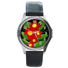 Red Flowers Round Metal Watch by Valentinaart