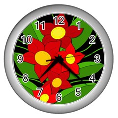 Red Flowers Wall Clocks (silver)  by Valentinaart