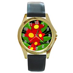 Red Flowers Round Gold Metal Watch by Valentinaart