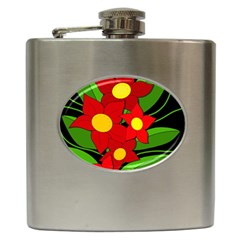 Red Flowers Hip Flask (6 Oz) by Valentinaart