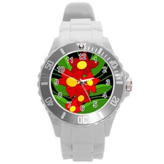 Red Flowers Round Plastic Sport Watch (l) by Valentinaart