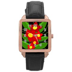 Red Flowers Rose Gold Leather Watch  by Valentinaart