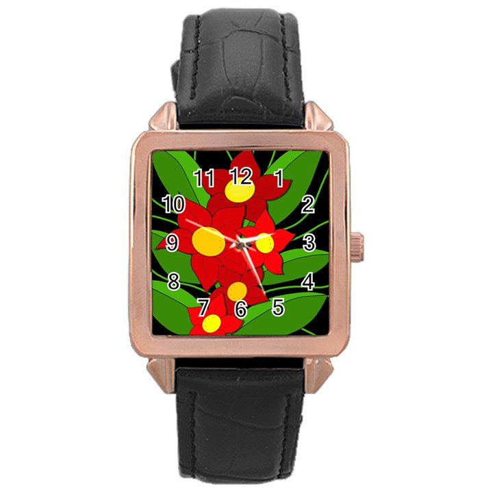 Red flowers Rose Gold Leather Watch 