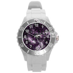 Black, Pink And Purple Splatter Pattern Round Plastic Sport Watch (l) by traceyleeartdesigns