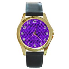 Purple Wavey Squiggles Round Gold Metal Watch by BrightVibesDesign