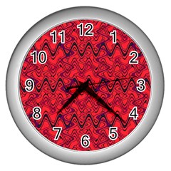 Red Wavey Squiggles Wall Clocks (silver)  by BrightVibesDesign