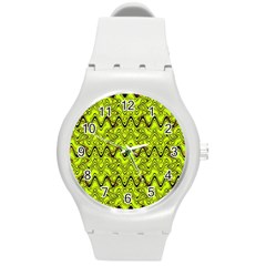 Yellow Wavey Squiggles Round Plastic Sport Watch (m) by BrightVibesDesign