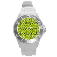 Yellow Wavey Squiggles Round Plastic Sport Watch (l) by BrightVibesDesign