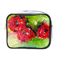 Floral  Red On Green Mini Toiletries Bags by artistpixi