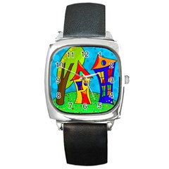 Two Houses  Square Metal Watch by Valentinaart