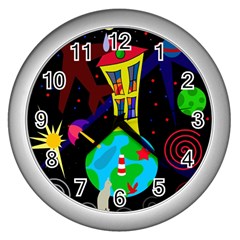 Colorful Universe Wall Clocks (silver)  by Valentinaart