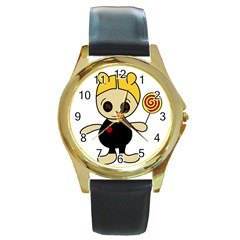 Cute Doll Girl Round Gold Metal Watch by Valentinaart