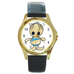 Cute Boy Round Gold Metal Watch by Valentinaart