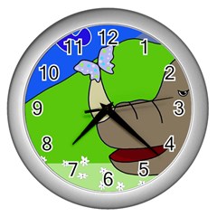 Butterfly And Rhino Wall Clocks (silver)  by Valentinaart